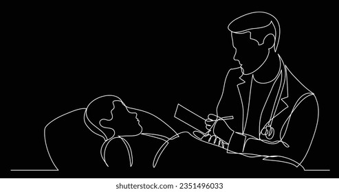one line vector drawing of hospital man doctor examining child patient making notes