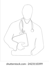 One line vector drawing of hospital doctor standing holding patient papers. Hospital scene. Template for your design works. Standing healthcare professional. Health care. Medical concept.