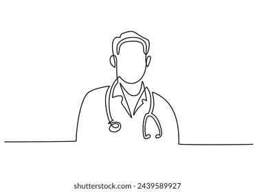 one line vector drawing of hospital doctor standing holding stethoscope.