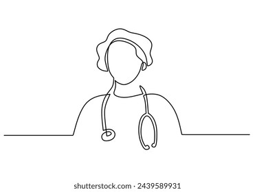 one line vector drawing of hospital female doctor standing holding stethoscope.