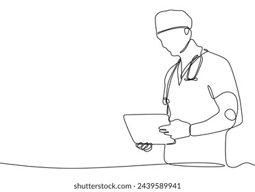 one line vector drawing of hospital doctor standing holding patient papers.