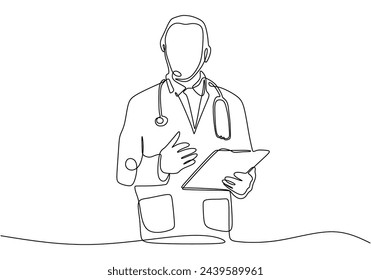 one line vector drawing of hospital doctor standing holding patient papers.