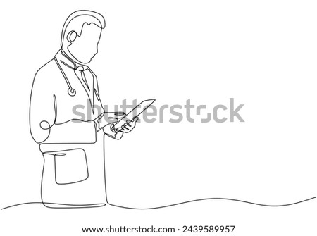 one line vector drawing of hospital doctor standing holding patient papers.