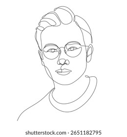 Um desenho vetorial de linha de um homem usando óculos. Retrato de arte em linha contínua minimalista, design moderno e elegante, perfeito para ilustração editorial, arte de moda e decoração de parede.