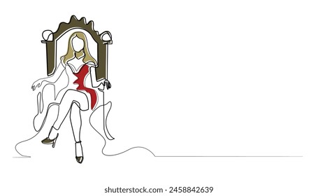 one line vector drawing of queen sitting on chair.fantasy fairy tale line sketch.one line vector illustration