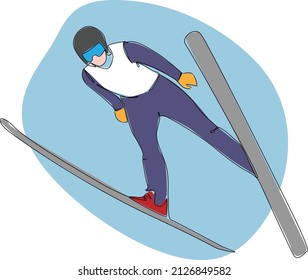 Eine Linie, Vektorgrafik eines Skispringers mit abstrakter blauer Hintergrundform einzeln.
