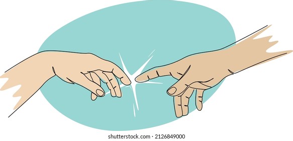 One line vector drawing of two hands touching each other with abstract cyan background shape. Birth of Adam isolated.