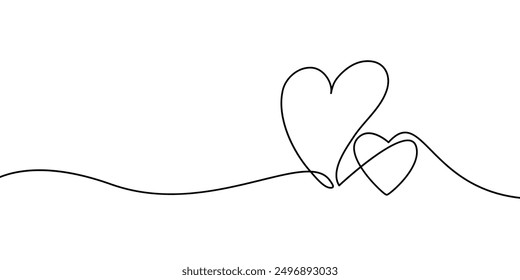 One Line Vector Drawing of Two Heart Silhouette. Heart Modern Single Line Art, Aesthetic Contour. Perfect for Logo, Icon, t-shirt Print, Mobile Case.	
