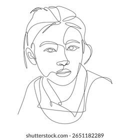 One line vector drawing of a young woman with a calm expression. Minimalist continuous line art portrait design, simple and elegant, suitable for modern wall art, fashion illustrations