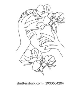 One Line Vector drawing.Minimal Wall Art. Fine One Line Drawing. Nature symbol of cosmetics. Abstract Wall Art Print Set. Woman Modern continuous line art. Fashion print. Magnolia flowers.