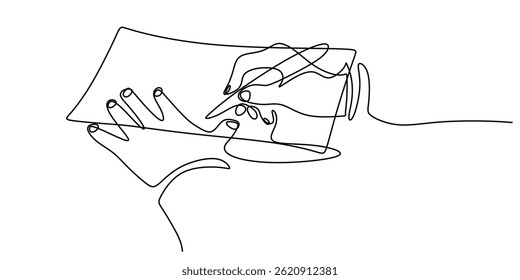 One Line Vector Hand Holding Pen Writing Paper. Focused Work Organization Symbol.