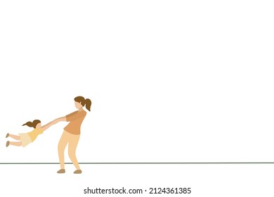 one line vector illustration about mother playing with her daughter concept, the child is spun around by the mother, simple graphic design for presentation