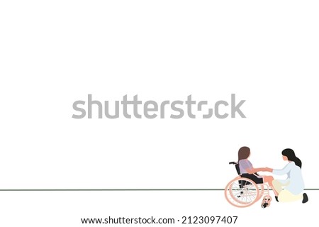 one line vector illustration about girl in wheelchair, mother encouraging paralyzed daughter, mother's love for daughter. flat design for presentation and banner