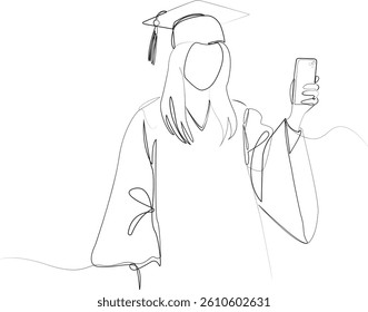 one line vector illustration of female graduate in academic cap and gown taking selfie with smartphone, minimalistic continuous line art for graduation celebration design