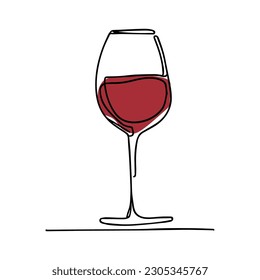 Ilustración vectorial de una línea. Un vaso de vino tinto.