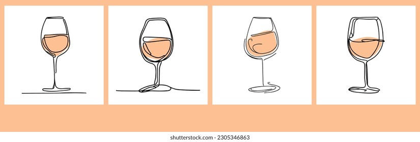 Ilustración vectorial de una línea. Vidrio de vino. Establecer.