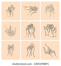 One line vector illustration. Human hands. Minimalism. Set.