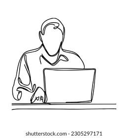 One line vector illustration. Man is sitting at a laptop. Minimalism.