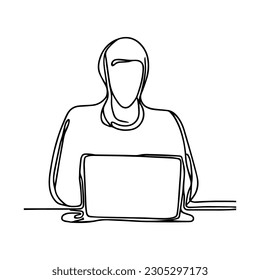 One line vector illustration. Man is sitting at a laptop. Minimalism.