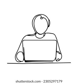 Eine Linie, Vektorgrafik. Der Mann sitzt auf einem Laptop. Minimalismus.