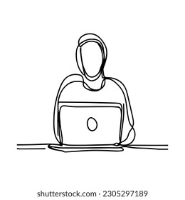 One line vector illustration. Man is sitting at a laptop. Minimalism.