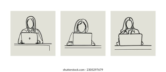 Ilustración vectorial de una línea. El hombre está sentado en una laptop. Minimalismo.