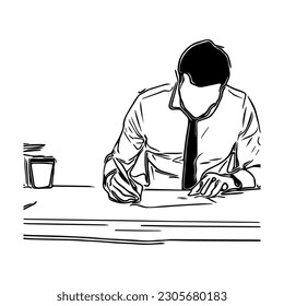 Ilustración vectorial de una línea. Minimalismo. Un hombre trabajando con camisa y corbata.