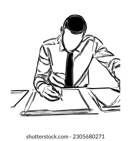 Ilustración vectorial de una línea. Minimalismo. Un hombre trabajando con camisa y corbata.