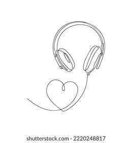 One line vector illustration. Minimalist headphones with a wire. Love music.