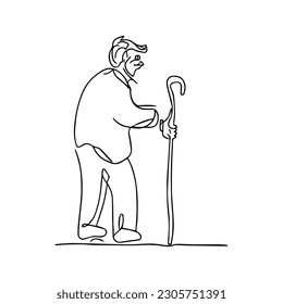One line vector illustration. Old grandfather with a stick in his hand.