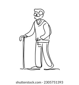 Ilustración vectorial de una línea. El abuelo viejo con un palo en la mano.
