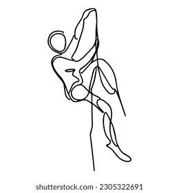 Ilustración vectorial de una línea. El escalador rocoso en el equipo se arrastra por la roca. Minimalismo