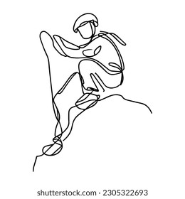 Ilustración vectorial de una línea. El escalador rocoso en el equipo se arrastra por la roca. Minimalismo