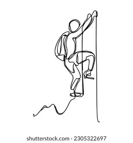 One line vector illustration. Rock climber in equipment crawls up the rock. Minimalism