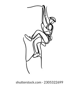 One line vector illustration. Rock climber in equipment crawls up the rock. Minimalism