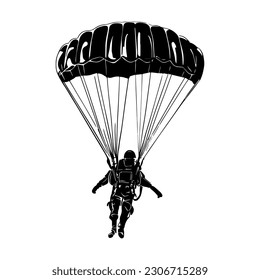 One line vector illustration. Skydiver in the sky. Minimalism. Paratrooper on a parachute.