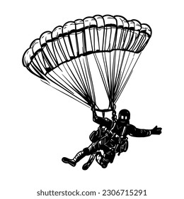 Eine Linie, Vektorgrafik. Skydiver am Himmel. Minimalismus. Fallschirmjäger auf einem Fallschirm.