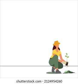 ilustración de una línea vectorial de una madre joven plantando un concepto de árbol, ir verde, salvar la tierra, botom objeto derecho para la plantilla de presentación.