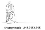 one line vector.God Jesus gives help to the people.God Jesus approaches people who are sad.Hand drawn vector illustration.