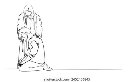 one line vector.God Jesus gives help to the people.God Jesus approaches people who are sad.Hand drawn vector illustration.