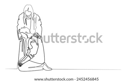 one line vector.God Jesus gives help to the people.God Jesus approaches people who are sad.Hand drawn vector illustration.