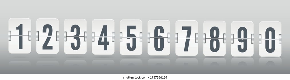 One line vector numeric template for time design. Set of flip scoreboard with digits symbols differently floating and reflections for white countdown timer or alarm watch on light background.