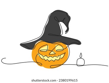 One line vector pumpkin with a hat and a candle for Halloween