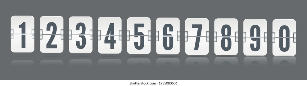 One line vector scoreboard numbers with reflections floating on different height for white countdown timer or calendar or watch on dark background