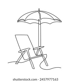 Una línea de Vector de vacaciones icono de playa sunbed con sombrilla, tumbona de madera. Relájate en verano. Ilustración aislada sobre fondo blanco.