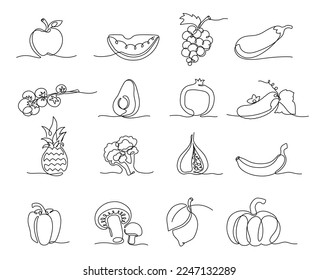 Verduras y frutas de una línea. Comestibles dibujados a mano, alimentos veganos sanos y naturales de línea continua vector Ilustración conjunto. Ingredientes vegetarianos como setas, pimienta, berenjenas y calabaza