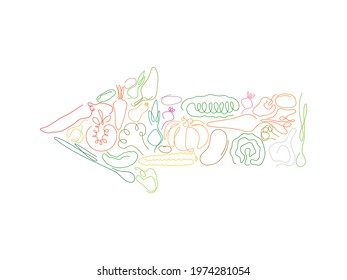 One line vegetables in the shape of arrow. Healthy vegetarian food set. Vector illustration.