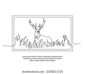 One line a view of deer in the forest poster drawing with a beautiful frame. Abstract minimal continuous line wall decor.