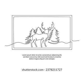 One line a view of deer in the forest poster drawing with a beautiful frame. Abstract minimal continuous line wall decor.