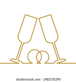 One Line Wedding Rings and Two Glasses of Champagne. Continuous gold line sketch vector illustration isolated on white background.  Minimalist card design